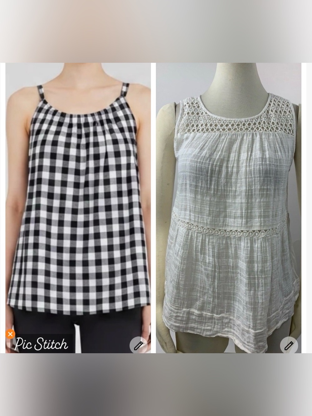 Two LOFT Black & White Gingham and White Crochet Yoke Tank Tops Blouses Sz M-L